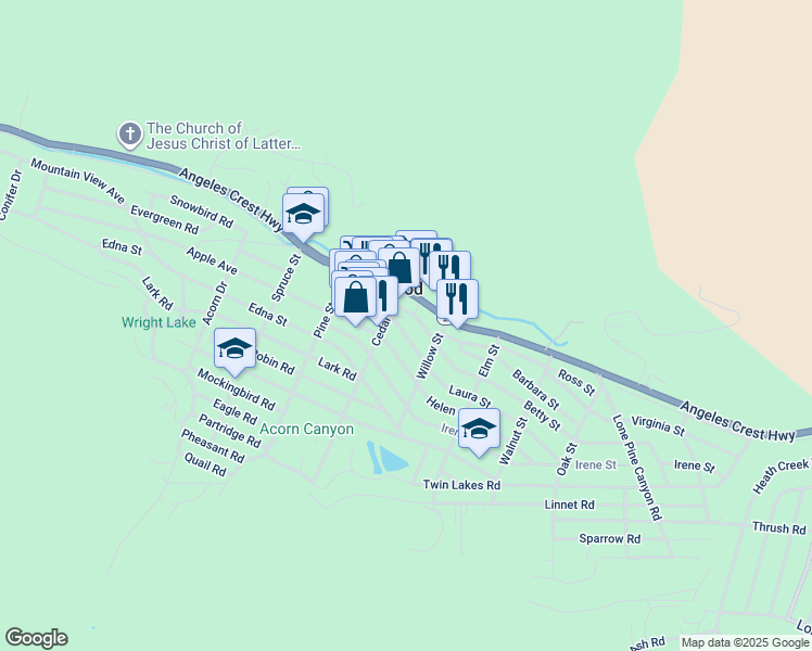 map of restaurants, bars, coffee shops, grocery stores, and more near 1346 Laura Street in Wrightwood