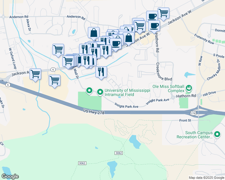 map of restaurants, bars, coffee shops, grocery stores, and more near 2114 Harris Drive in Oxford
