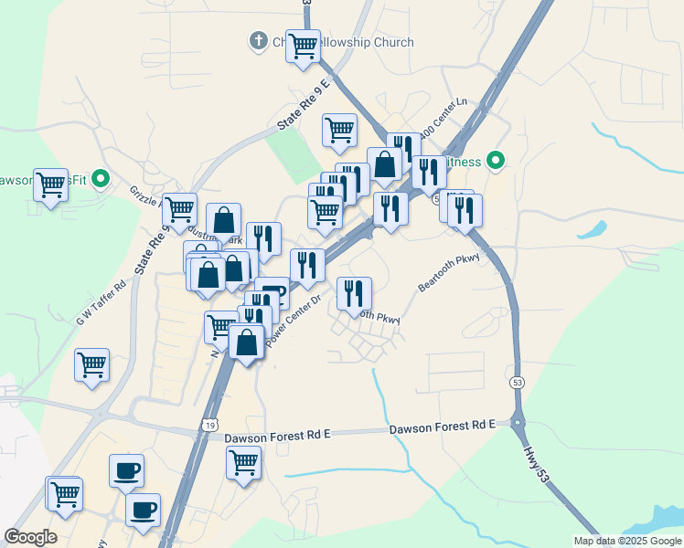 map of restaurants, bars, coffee shops, grocery stores, and more near 25 Beartooth Parkway in Dawsonville