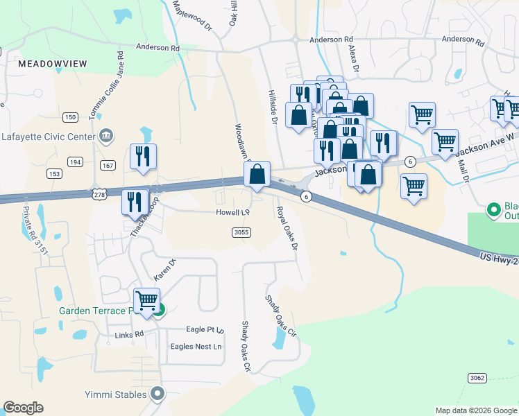 map of restaurants, bars, coffee shops, grocery stores, and more near 1-7 County Road 3055 in Oxford