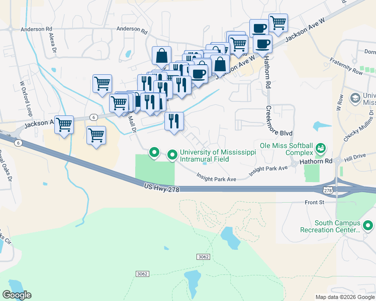 map of restaurants, bars, coffee shops, grocery stores, and more near 2114 Harris Drive in Oxford