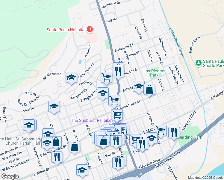 map of restaurants, bars, coffee shops, grocery stores, and more near 1007 East Virginia Terrace in Santa Paula