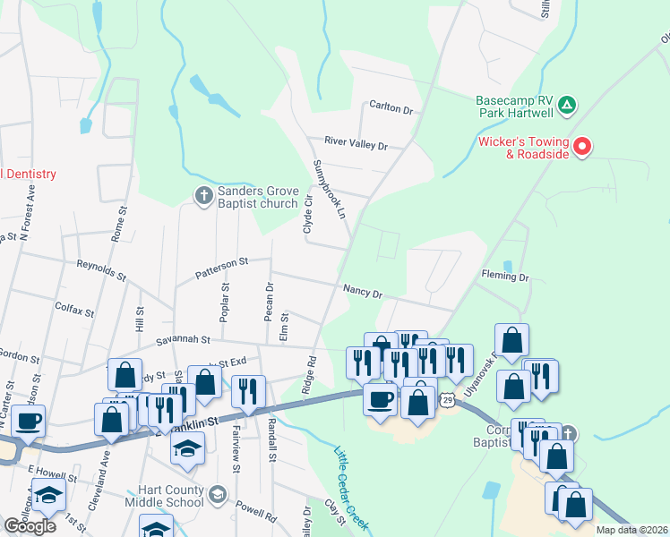 map of restaurants, bars, coffee shops, grocery stores, and more near 36 Clyde Circle in Hartwell