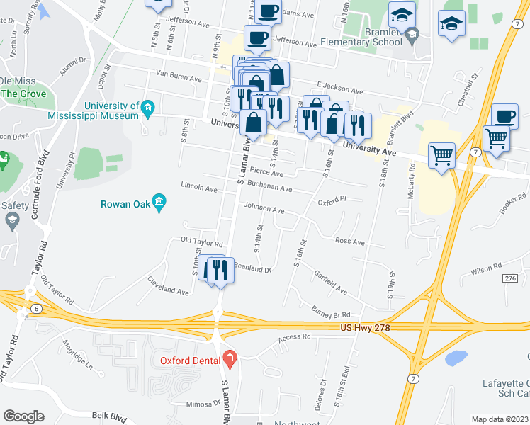 map of restaurants, bars, coffee shops, grocery stores, and more near 1203 S 14th St in Oxford