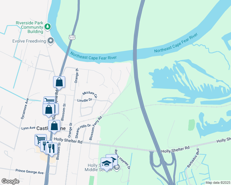 map of restaurants, bars, coffee shops, grocery stores, and more near 6425 Mossy Rock Court in Castle Hayne