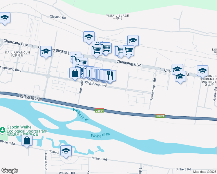 map of restaurants, bars, coffee shops, grocery stores, and more near Xing Zheng Da Dao in Baoji Shi