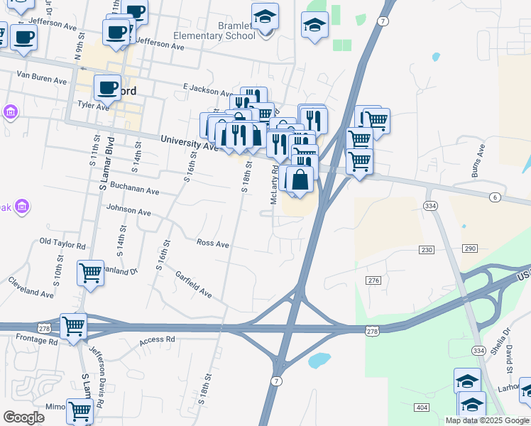map of restaurants, bars, coffee shops, grocery stores, and more near 610 McLarty Road in Oxford
