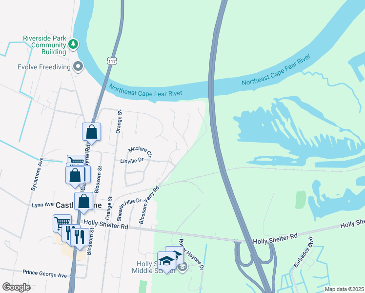 map of restaurants, bars, coffee shops, grocery stores, and more near 6425 Mossy Rock Court in Castle Hayne