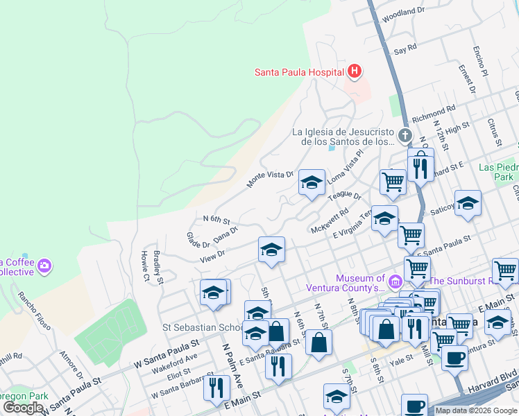 map of restaurants, bars, coffee shops, grocery stores, and more near 699 Dana Drive in Santa Paula
