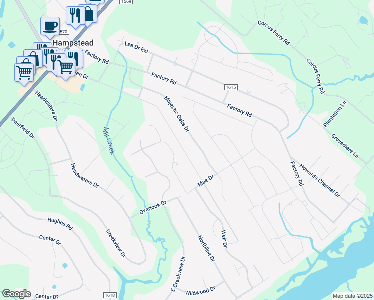 map of restaurants, bars, coffee shops, grocery stores, and more near 807 Dan Owen Drive in Hampstead