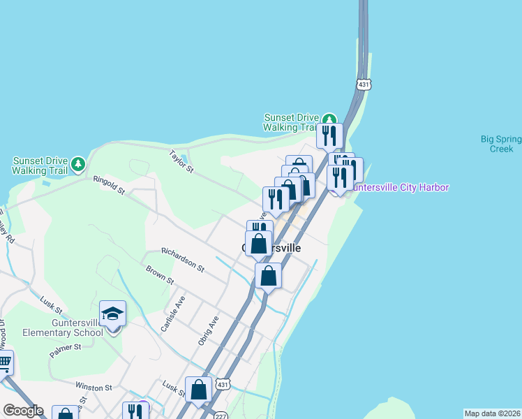 map of restaurants, bars, coffee shops, grocery stores, and more near 360 Hill Avenue in Guntersville