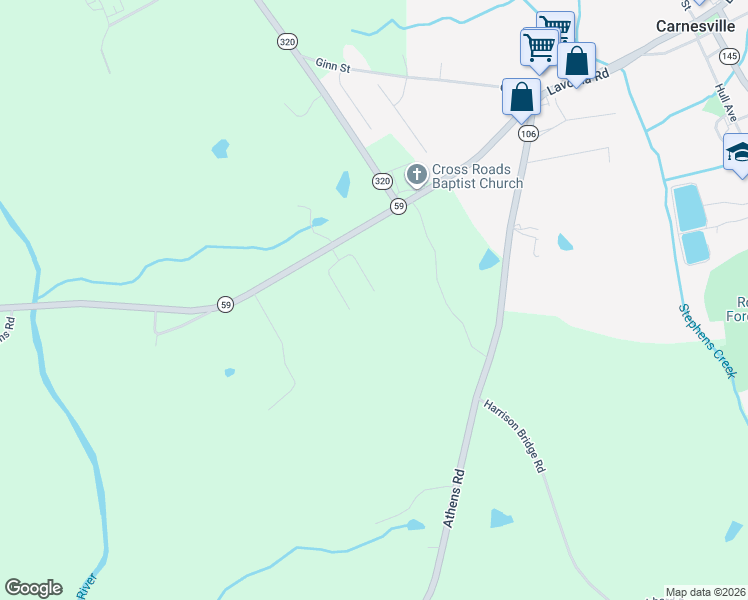 map of restaurants, bars, coffee shops, grocery stores, and more near 131 Summit Lane in Carnesville