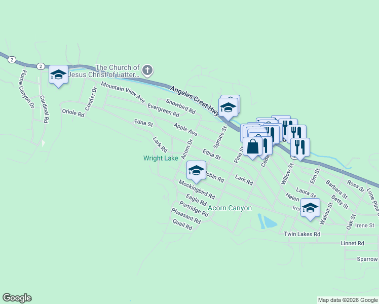 map of restaurants, bars, coffee shops, grocery stores, and more near 1039 Edna Street in Wrightwood