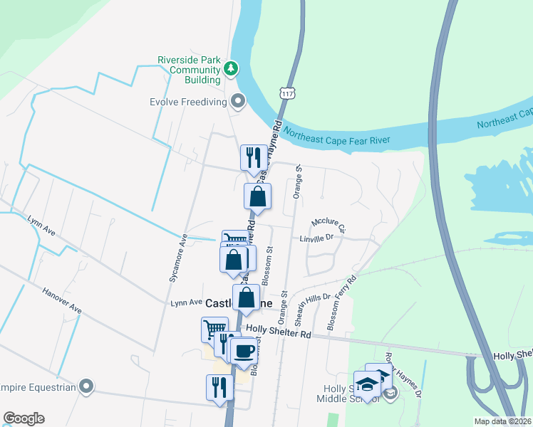 map of restaurants, bars, coffee shops, grocery stores, and more near 6307 Orange Street in Castle Hayne