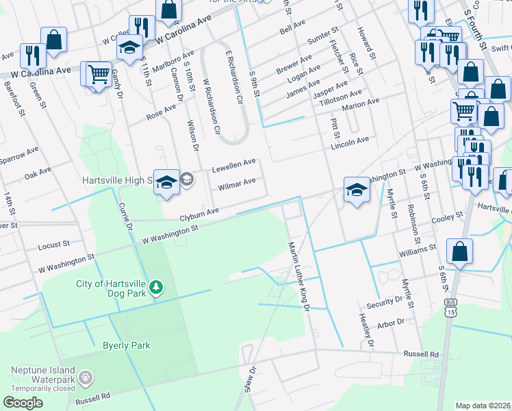 map of restaurants, bars, coffee shops, grocery stores, and more near 514 Clyburn Avenue in Hartsville