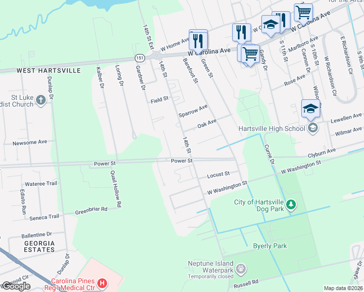 map of restaurants, bars, coffee shops, grocery stores, and more near 512 14th Street in Hartsville