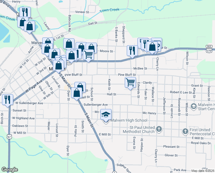 map of restaurants, bars, coffee shops, grocery stores, and more near 539 Clardy in Malvern