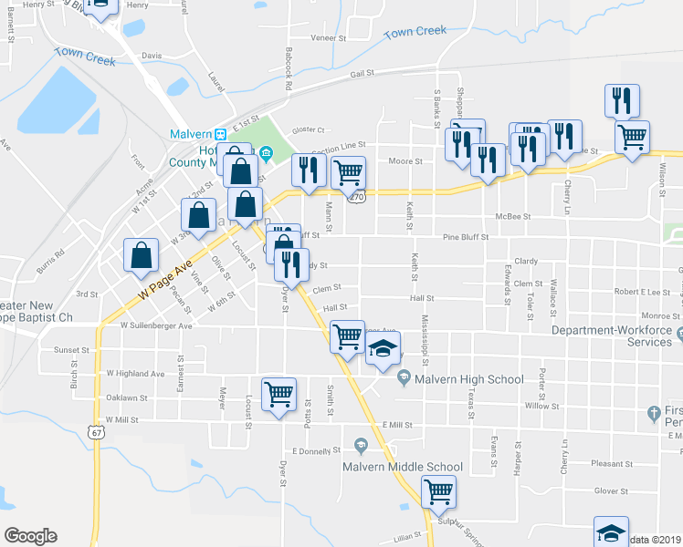 map of restaurants, bars, coffee shops, grocery stores, and more near 323 Clardy Street in Malvern