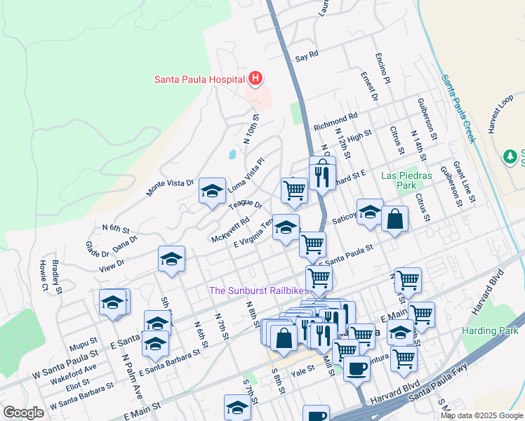 map of restaurants, bars, coffee shops, grocery stores, and more near 930 McKevett Road in Santa Paula