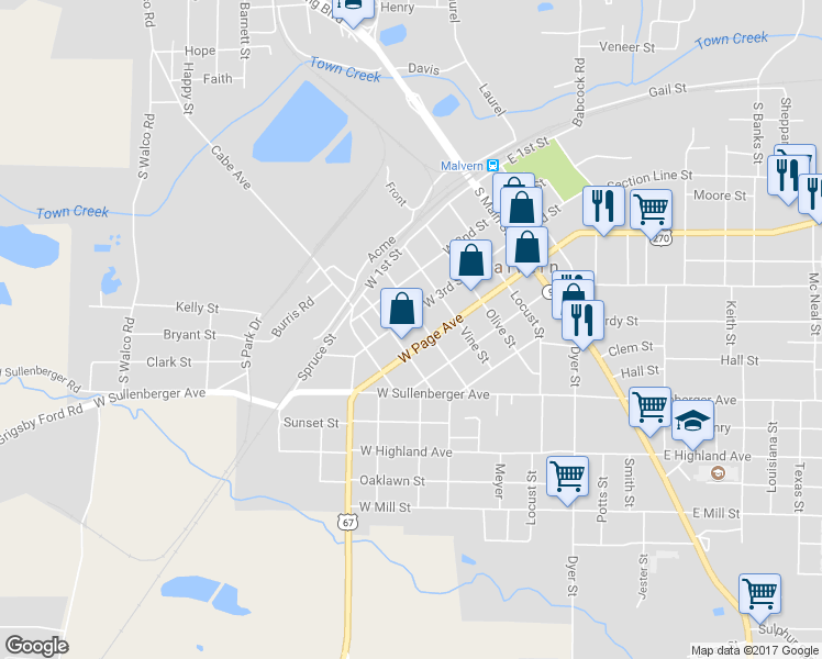 map of restaurants, bars, coffee shops, grocery stores, and more near 314 Pecan Street in Malvern