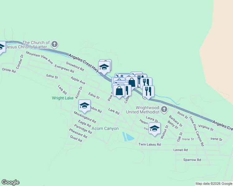 map of restaurants, bars, coffee shops, grocery stores, and more near 1258 Evergreen Road in Wrightwood