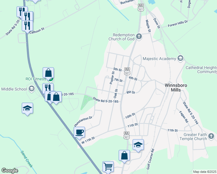 map of restaurants, bars, coffee shops, grocery stores, and more near 450 B Poplar Street in Winnsboro