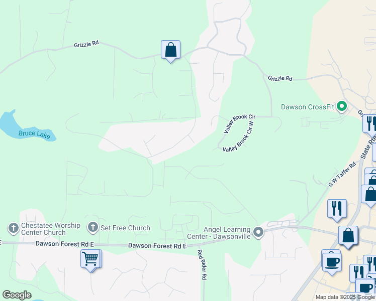 map of restaurants, bars, coffee shops, grocery stores, and more near 34 Sassafras Grove in Dawsonville