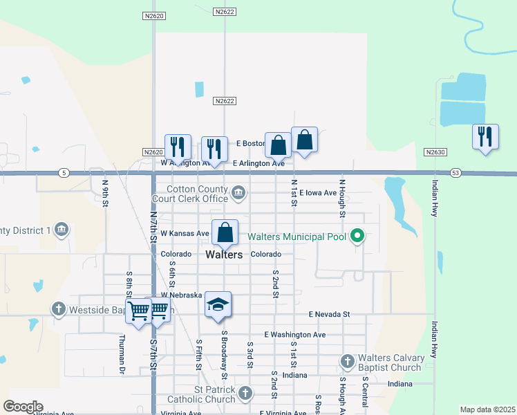map of restaurants, bars, coffee shops, grocery stores, and more near 209 East Oklahoma Street in Walters
