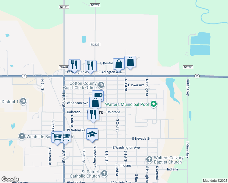 map of restaurants, bars, coffee shops, grocery stores, and more near 209 East Oklahoma Street in Walters