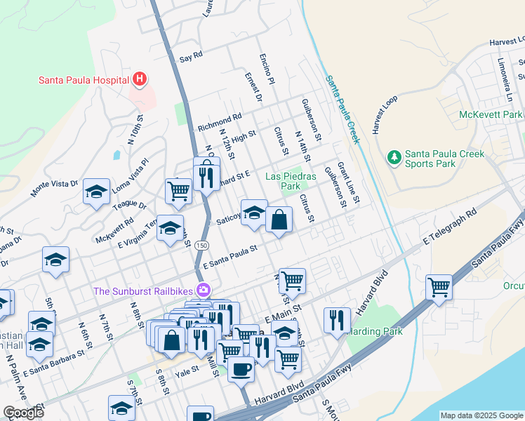 map of restaurants, bars, coffee shops, grocery stores, and more near 1214 Saticoy Street in Santa Paula