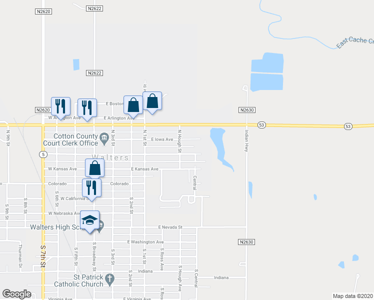 map of restaurants, bars, coffee shops, grocery stores, and more near 505 East Oklahoma Avenue in Walters