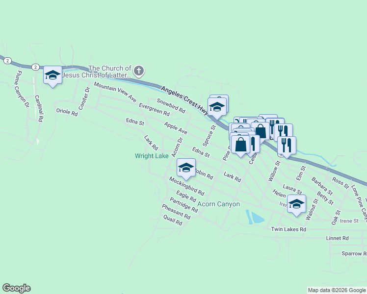 map of restaurants, bars, coffee shops, grocery stores, and more near 1039 Edna Street in Wrightwood