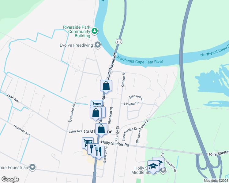 map of restaurants, bars, coffee shops, grocery stores, and more near 6307 Orange St in Castle Hayne