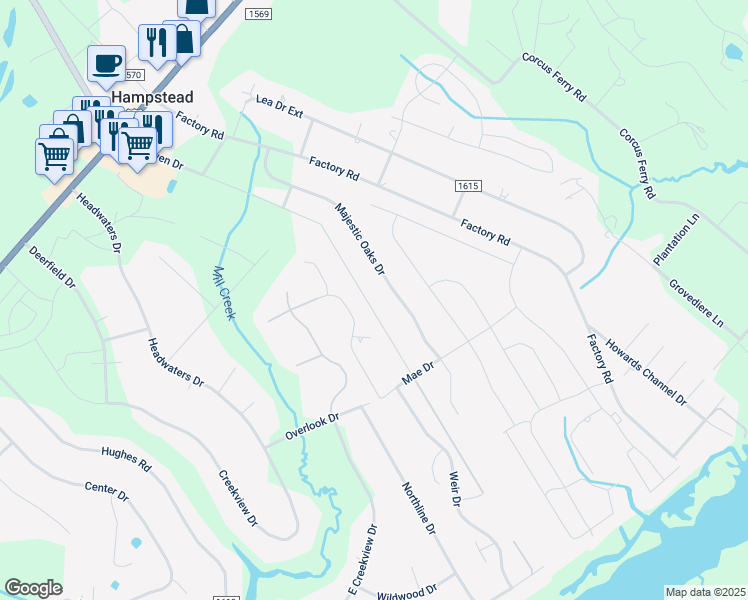 map of restaurants, bars, coffee shops, grocery stores, and more near 779 Dan Owen Drive in Hampstead
