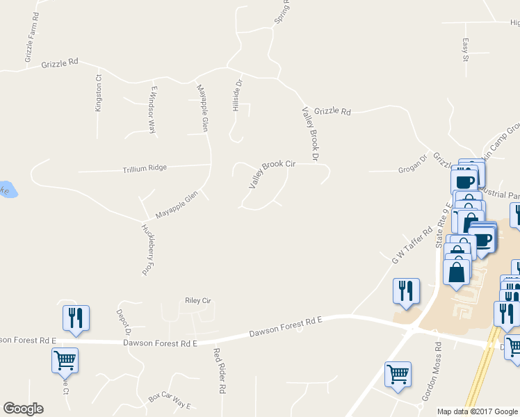 map of restaurants, bars, coffee shops, grocery stores, and more near 408 Valley Brook Circle West in Dawsonville