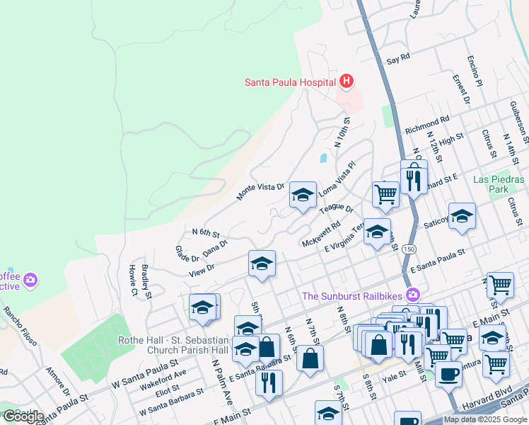 map of restaurants, bars, coffee shops, grocery stores, and more near 664 Manor Ridge Road in Santa Paula