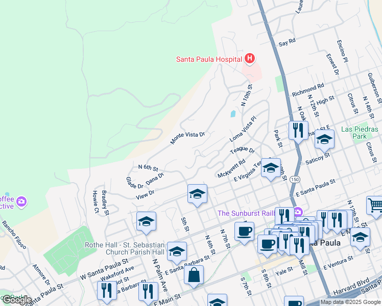 map of restaurants, bars, coffee shops, grocery stores, and more near 664 Manor Ridge Road in Santa Paula
