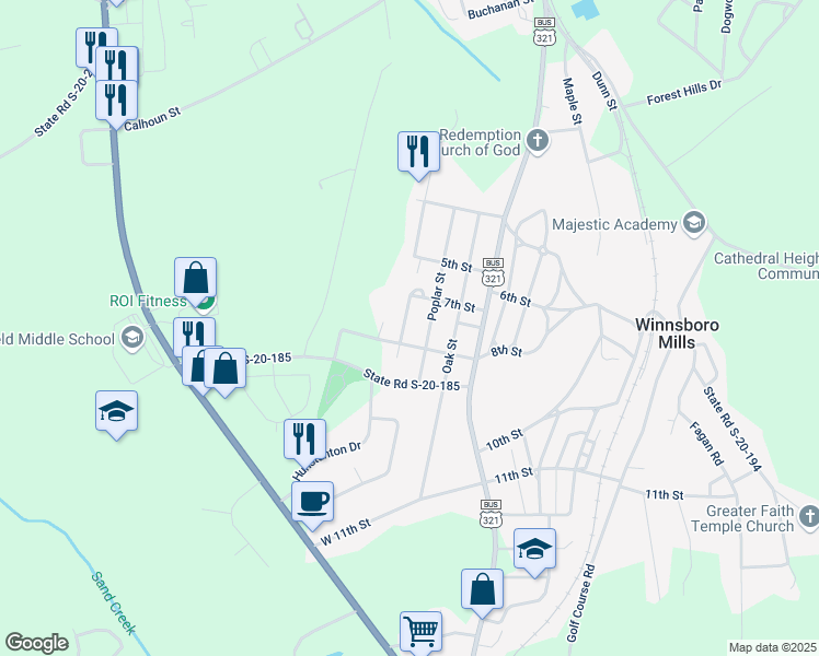 map of restaurants, bars, coffee shops, grocery stores, and more near 450 B Poplar Street in Winnsboro