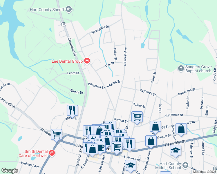map of restaurants, bars, coffee shops, grocery stores, and more near 234 Vickery Street in Hartwell