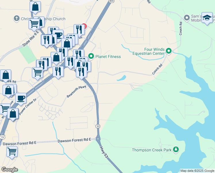 map of restaurants, bars, coffee shops, grocery stores, and more near 150 Elliott Road in Dawsonville