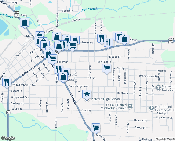 map of restaurants, bars, coffee shops, grocery stores, and more near 539 Clardy in Malvern