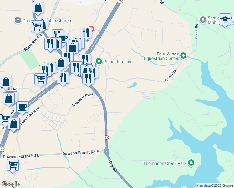 map of restaurants, bars, coffee shops, grocery stores, and more near 150 Elliott Road in Dawsonville