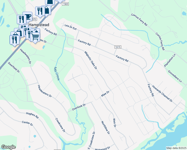 map of restaurants, bars, coffee shops, grocery stores, and more near 779 Dan Owen Drive in Hampstead