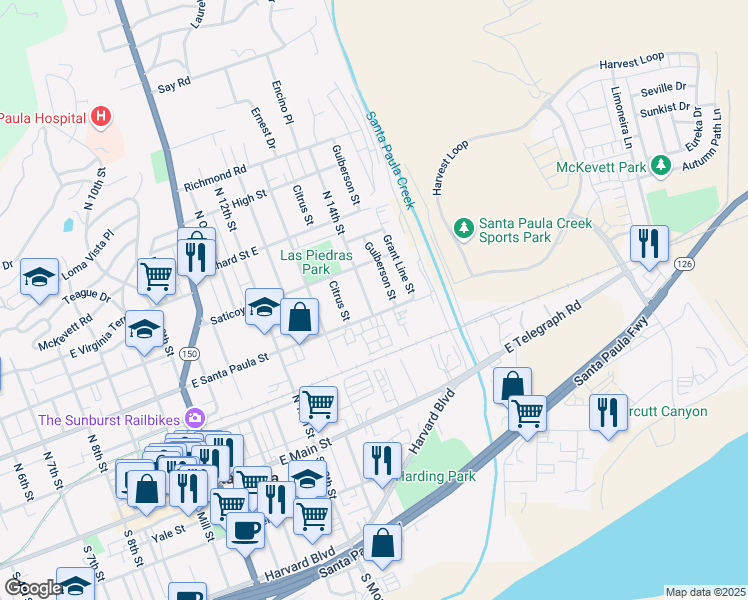 map of restaurants, bars, coffee shops, grocery stores, and more near 313 North 14th Street in Santa Paula