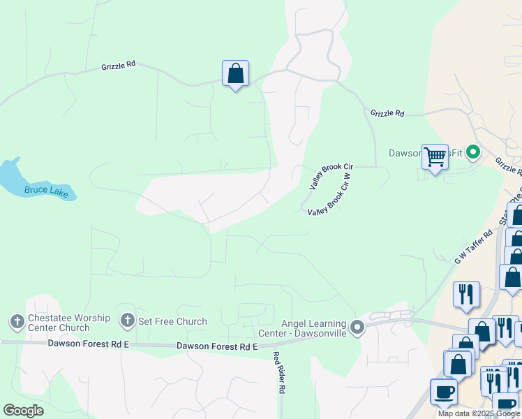 map of restaurants, bars, coffee shops, grocery stores, and more near 34 Sassafras Grove in Dawsonville