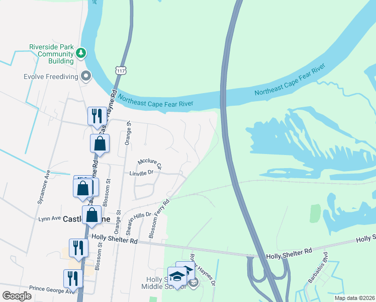 map of restaurants, bars, coffee shops, grocery stores, and more near 6505 Boatway Court in Castle Hayne