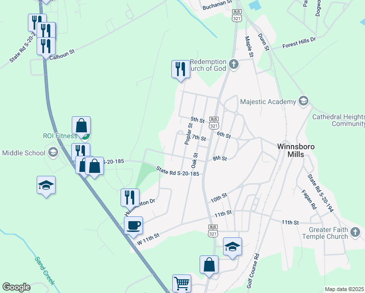 map of restaurants, bars, coffee shops, grocery stores, and more near 450 B Poplar Street in Winnsboro