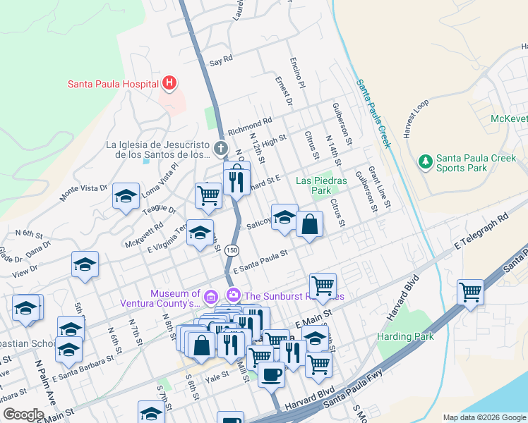 map of restaurants, bars, coffee shops, grocery stores, and more near 411 North Oak Street in Santa Paula