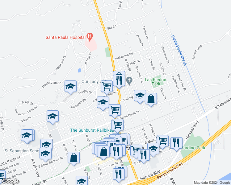 map of restaurants, bars, coffee shops, grocery stores, and more near 1038 East Virginia Terrace in Santa Paula
