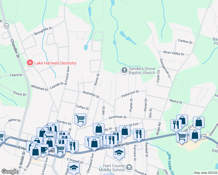 map of restaurants, bars, coffee shops, grocery stores, and more near 117 Clover Street in Hartwell